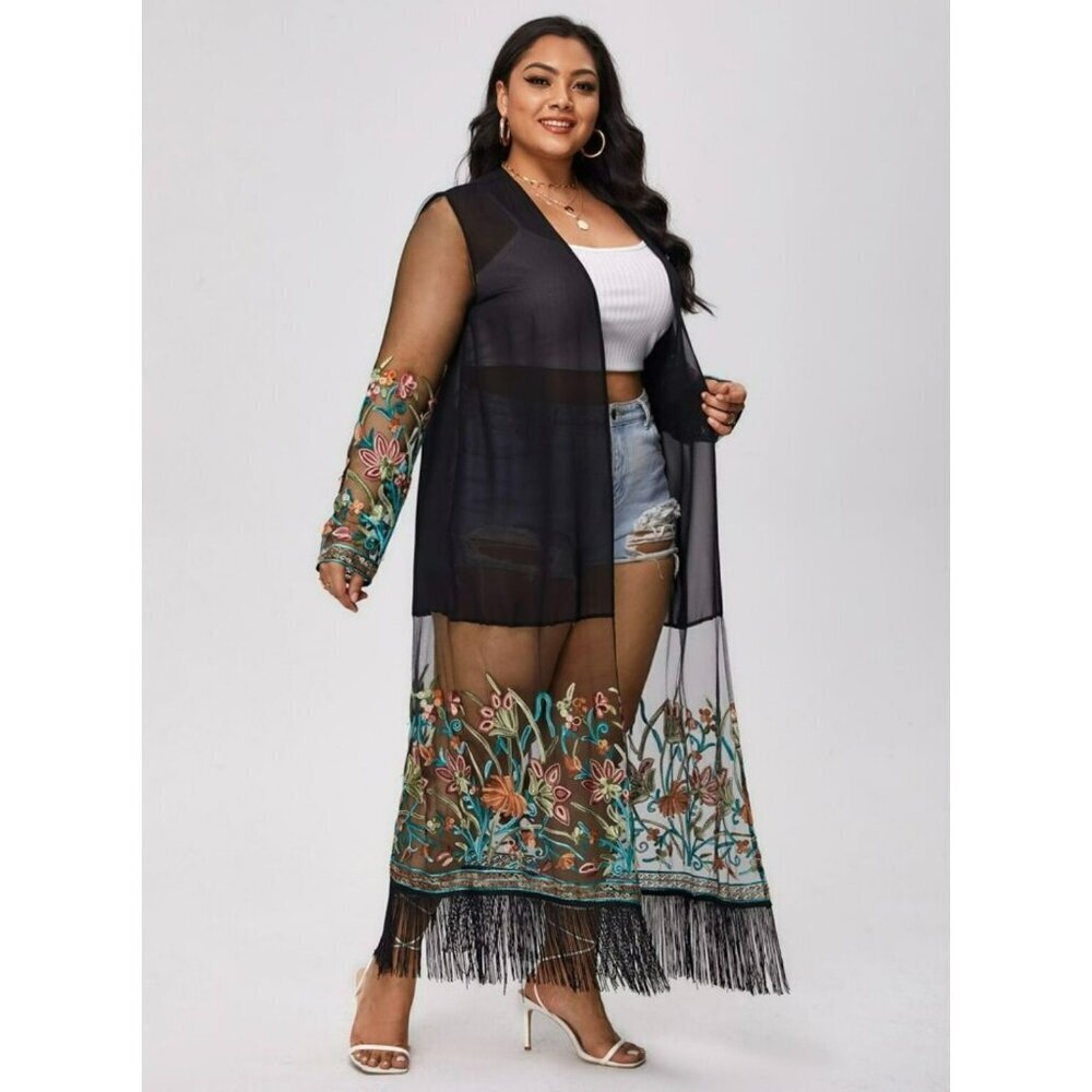 Womens Kimono Cover Up Long Size XXL Black Sheer Floral Embroidered Fringed